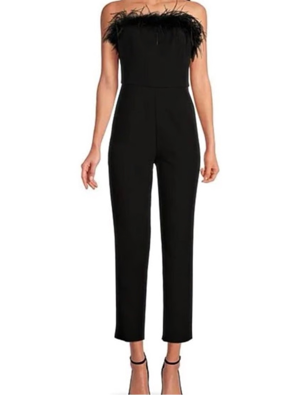 Strapless Feather-Trim Black Jumpsuit